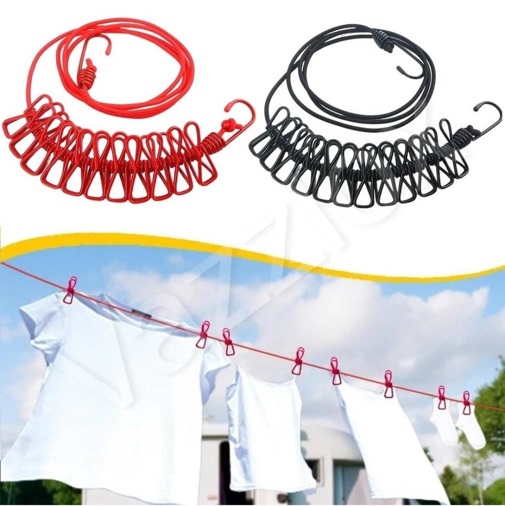 Portable Retractable Clothesline with 12 Clips – 9 Meter Elastic Clothes Drying Rope